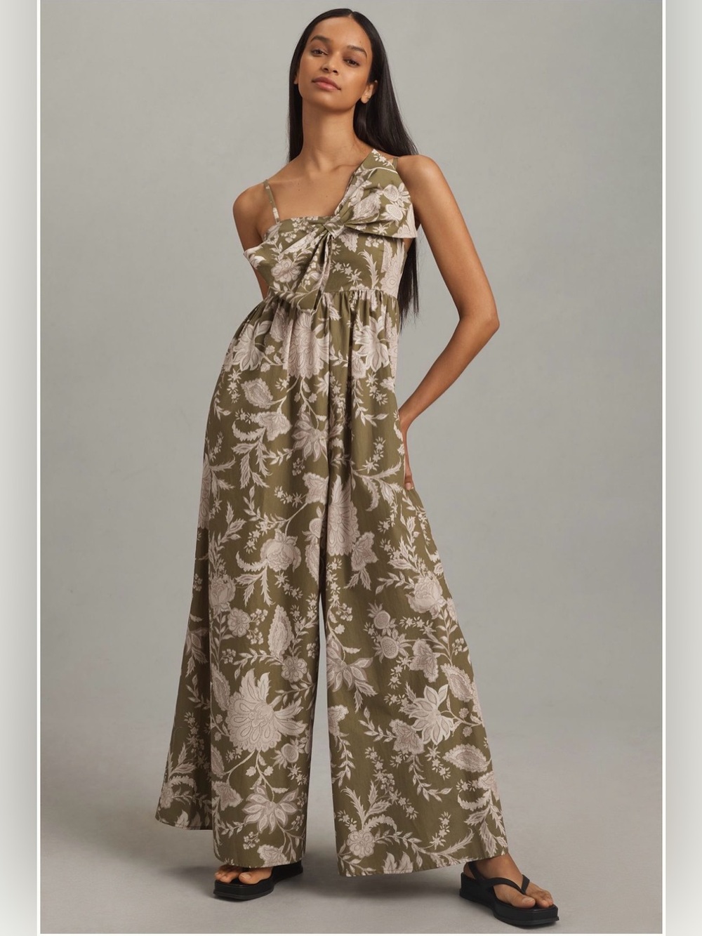 Anthropologie Olive and White Floral One-Shoulder Jumpsuit